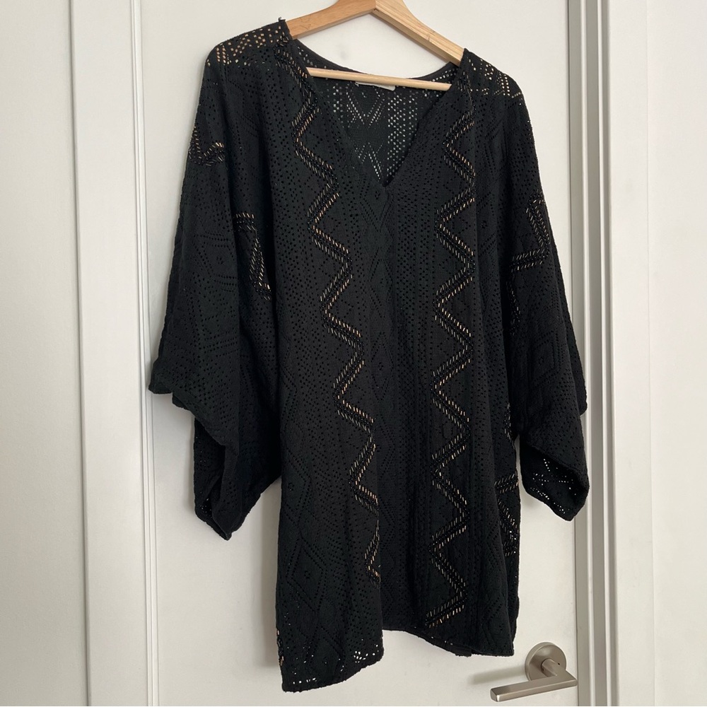 Anthropologie Love Sam Oversized Crochet Coverup Tunic Size S Black Beaded Boho